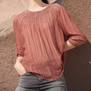 Anthropologie Sz M Metallic Peasant Blouse by Love Sam EUC